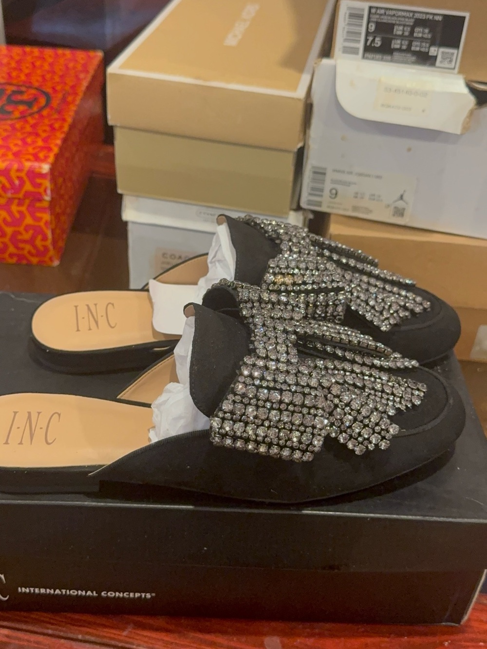 INC International Concepts Black Crystal-Embellished Slip-On Mules